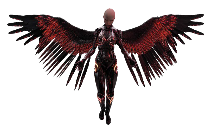 Cyborg woman with arms and wings spread